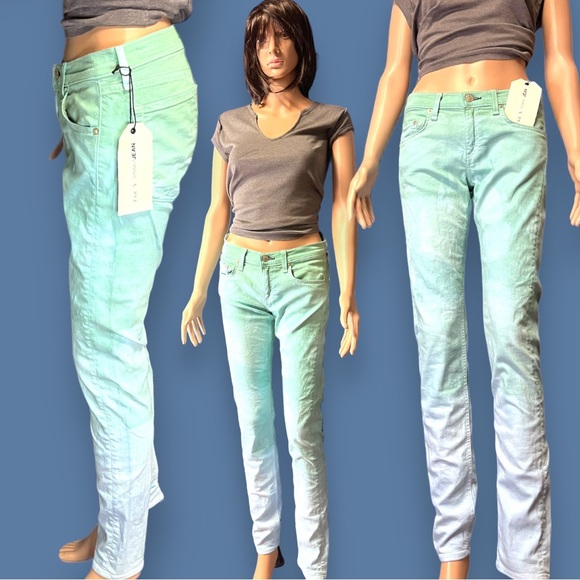 Originally White Slim Boyfriend Style Jeans Ombre Dip Dyed in Sage. Size 26 - Picture 2 of 11